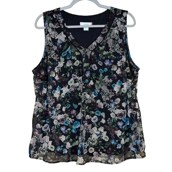 CJ Banks Tops - CJ Banks Womens Sleeveless Blouse Black Plus 1X Floral Sleeveless V Neck Top